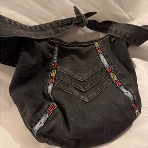 SHANE Vintage Black Denim Bag with Colorful Embroidery